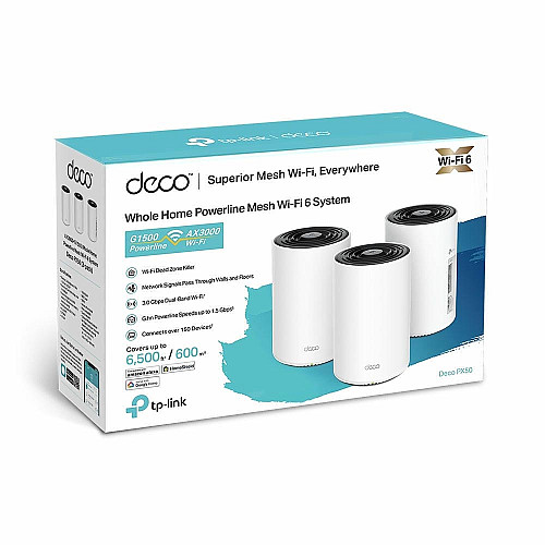 Система WiFi-Mesh TP-LINK Deco PX50 AX3000, 3xGE LAN/WAN, 3 моды, Powerline G1500