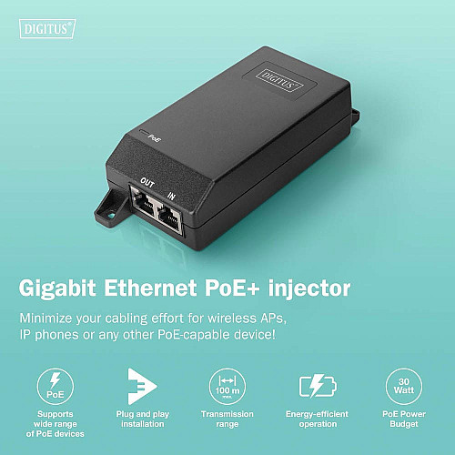 PoE-инжектор DIGITUS PoE+ 802.3at, 10/100/1000 Mbps, Output max. 48V, 30W, черный