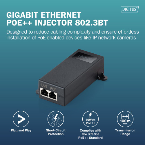 PoE-Інжектор DIGITUS PoE++ 802.3bt, 10/100/1000 Mbps, Output max. 48V, 60W