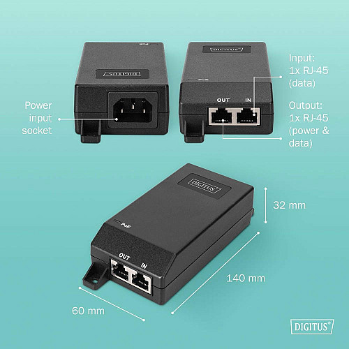 PoE-инжектор DIGITUS PoE+ 802.3at, 10/100/1000 Mbps, Output max. 48V, 30W, черный