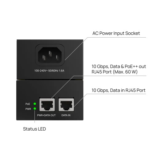 Інжектор PoE TP-LINK TL-POE370S 1x10GE, 1x10GE PoE, 60W