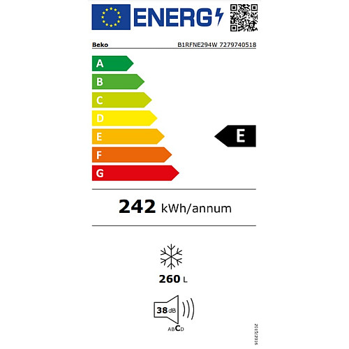 Морозильна камера Beko, 171x60x71, 260л, 1дв., E, NF, білий