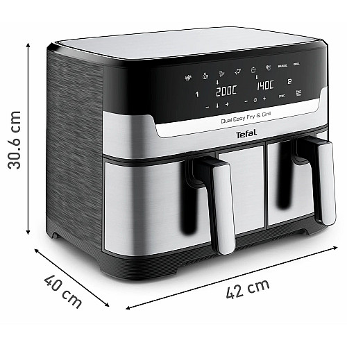 Мультипіч Tefal Dual EasyFry&Grill AirFryer, 2700Вт, чаша-5.2+3.1л, сенсорне керув., 2 чаши, гриль, пластик, сіро-чорний