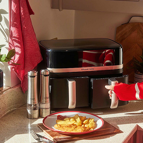 Мультипечь Russell Hobbs Satis Fry DualBaske 2800Вт, чаша-4.5/4.5л, сенсорное управл., 9 авто. программ, пластик, черный