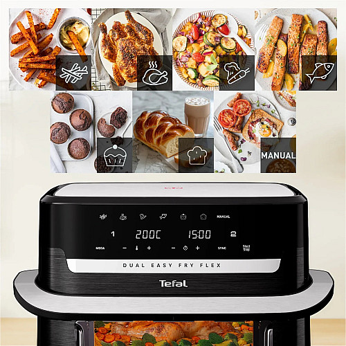 Мультипіч Tefal Dual Easy Fry Flex, 2700Вт, чаша-5.5+3.5л, сенсорне керув., з віконцем, 2 чаши, гриль, пластик, чорний