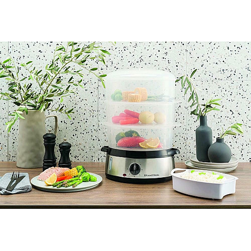 Пароварка Russell Hobbs Cook&Home 800Вт, чаша-3/3/3л, резервуар для воды -1л, механическое управление, 3 яруса, металл/пластик, черный
