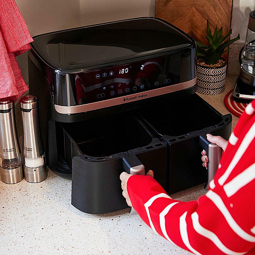 Мультипечь Russell Hobbs Satis Fry DualBaske 2800Вт, чаша-4.5/4.5л, сенсорное управл., 9 авто. программ, пластик, черный