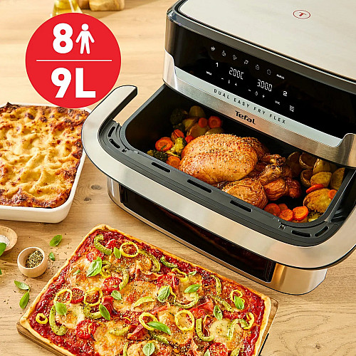 Мультипечь Tefal Dual Easy Fry Flex, 2700Вт, чаша-5.5+3.5л, сенсорное управл., с окошком, 2 чаши, гриль, пластик, черный-нерж. сталь