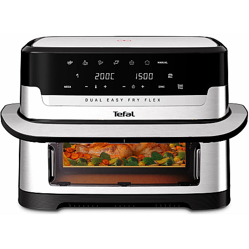 Мультипечь Tefal Dual Easy Fry Flex, 2700Вт, чаша-5.5+3.5л, сенсорное управл., с окошком, 2 чаши, гриль, пластик, черный-нерж. сталь
