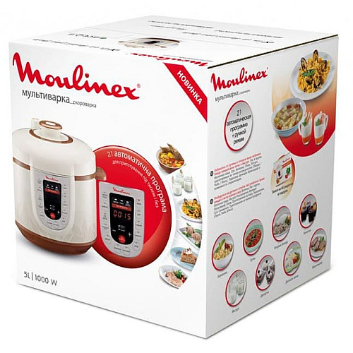 Мультиварка-скороварка Moulinex, 1000Вт, чаша-5л, сенсорное управл., металл/пластик, белый