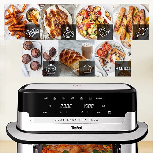 Мультипечь Tefal Dual Easy Fry Flex, 2700Вт, чаша-5.5+3.5л, сенсорное управл., с окошком, 2 чаши, гриль, пластик, черный-нерж. сталь