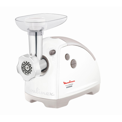 М'ясорубка Moulinex, 2000Вт, 2.6кг/хв, 2 решітки, насадка для ковбас, кеббе, томатів, 5 терок, пластик, біло-сірий