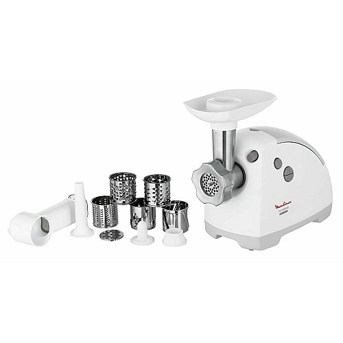 Мясорубка Moulinex, 2000Вт, 2.6кг/мин, 3 решетки, насадка для колбас, кеббе, 5 террак, пластик, бело-серый