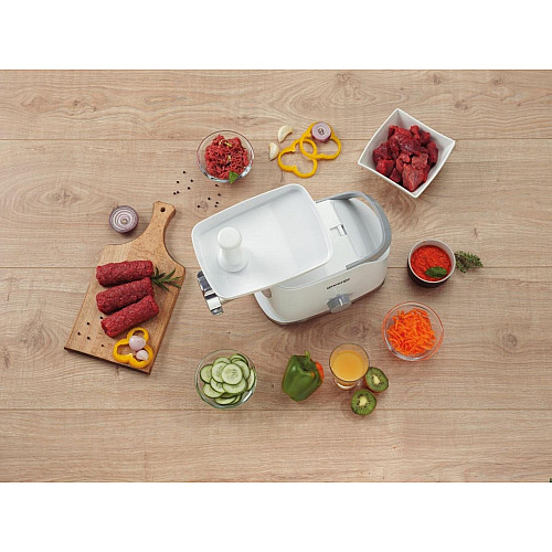М'ясорубка Gorenje, 1800Вт, 2.1кг/хв, 2 решітки, насадка для ковбас, кеббе, томатів, 3 терки, пластик/метал, білий