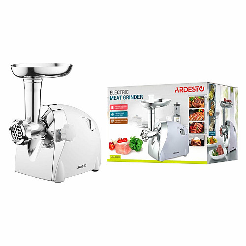 Мясорубка ARDESTO, 2000Вт, продук.-1.9кг/мин, 3 решетки + для ковб., кеббе, 3 терки, пластик, бело-серебристый