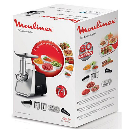 М'ясорубка Moulinex, 1600Вт, 1.9кг/хв, 3 решітки, насадка для ковбас, томатів, 3 терки, пластик/мет, чорно-срібний