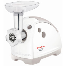 М'ясорубка Moulinex, 2000Вт, 2.6кг/хв, 2 решітки, насадка для ковбас, кеббе, томатів, 5 терок, пластик, біло-сірий