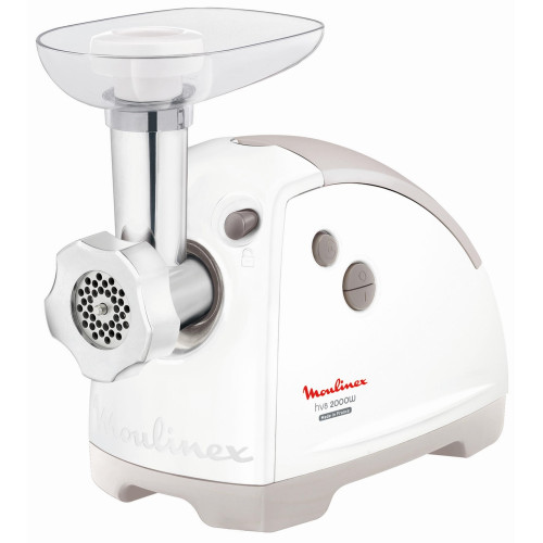 М'ясорубка Moulinex, 2000Вт, 2.6кг/хв, 2 решітки, насадка для ковбас, кеббе, томатів, 5 терок, пластик, біло-сірий