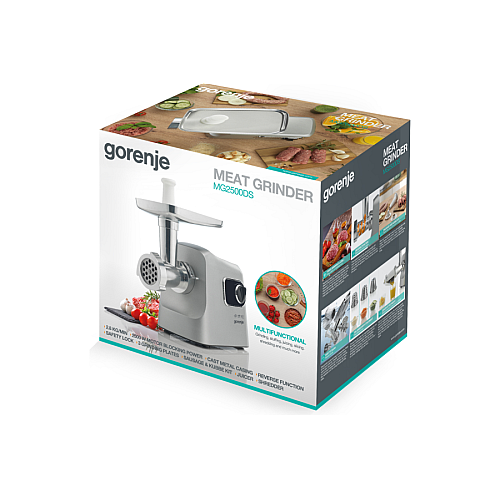 М'ясорубка Gorenje, 2500Вт, 2.8кг/хв, 3 решітки, насадка для ковбас, кеббе, шнековий соковидавлювач, 3 терки, пластик/метал, нерж