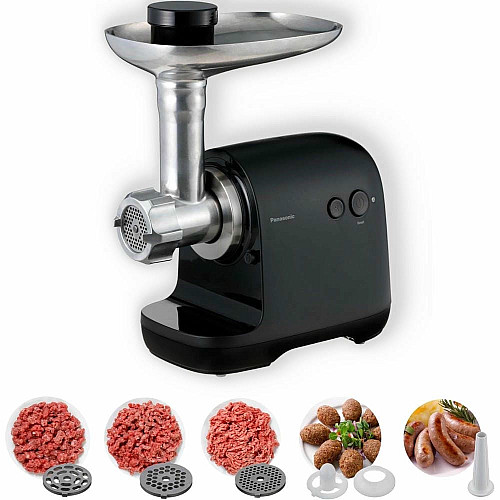 Мясорубка Panasonic, 1700Вт, 3кг/мин, 3 решётки, насадка для колбас, пластик, черный
