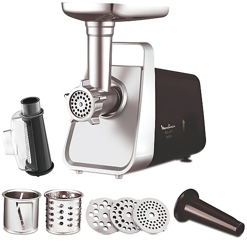 М'ясорубка Moulinex, 1600Вт, 1.9кг/хв, 3 решітки, насадка для ковбас, томатів, 3 терки, пластик/мет, чорно-срібний