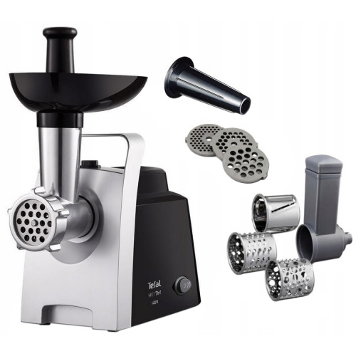 М'ясорубка Tefal HV1 7in1, 1400Вт, 1.7кг/хв, 3 решітки, насадка для ковбас, 3 терки, пластик, чорно-сріб.