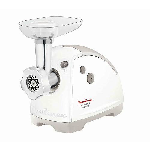 Мясорубка Moulinex, 2000Вт, 2.6кг/мин, 3 решетки, насадка для колбас, кеббе, 5 террак, пластик, бело-серый