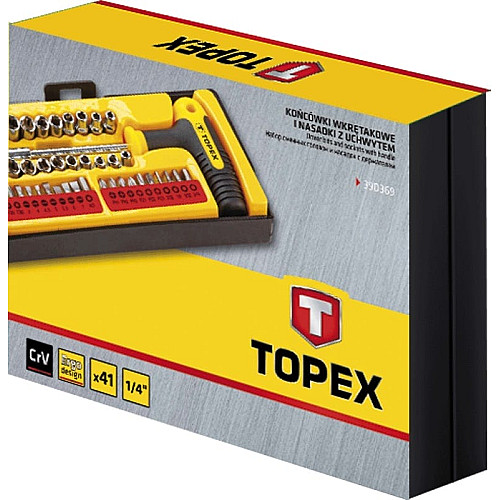 Біти TOPEX, Т-подібний бітотримач, перехідники 3шт, торцеві головки 18шт, SL,PH,PZ,H,T, кейс, набір 41шт