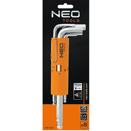 Ключі шестигранні Neo Tools, довгі, кулястий наконечник, CrV, 2-10мм, набір 8шт