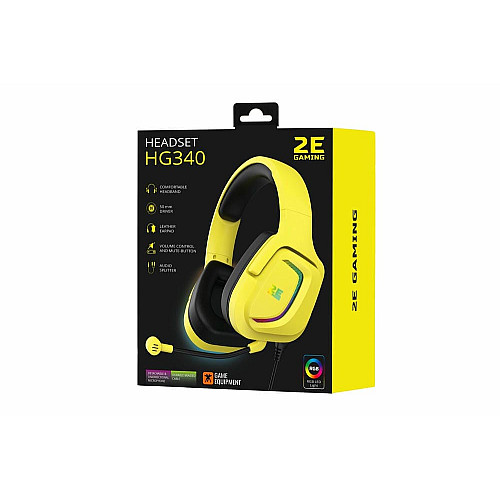 Гарнитура игровая 2E GAMING HG340, mini-jack/dual 3.5мм, RGB, 2м, желтый