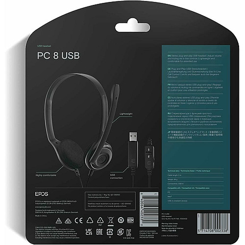 Гарнитура компьютерная стерео On-Ear EPOS PC 8 Chat, USB, однонаправленный, 2м, Черный