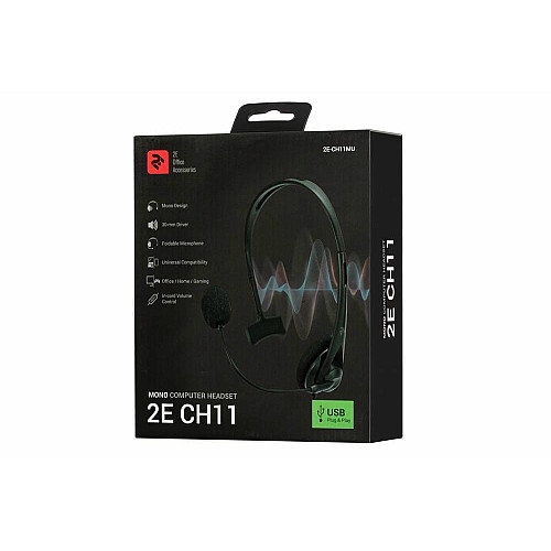 Гарнитура ПК моно On-ear 2E CH11 USB, omni-mic, 2м, черный