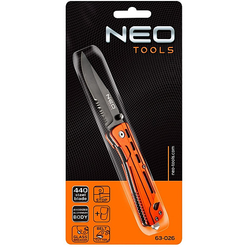 Нож складной Neo Tools, 200мм, лезвие 85мм, фиксатор, рукоятка из анодированного алюминия, чехол