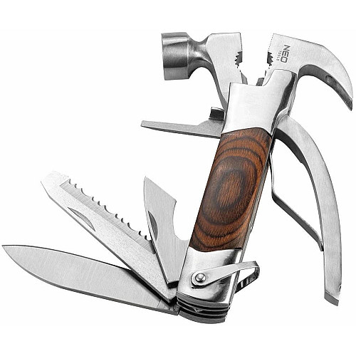 Мультитул Neo Tools, 13в1, молоток, плоскогубцы, гайкогубцы, кусачки, гвоздодер, отвертки 2хSL и PH, пилочка, напильник, два ножа, консервный нож, чехол