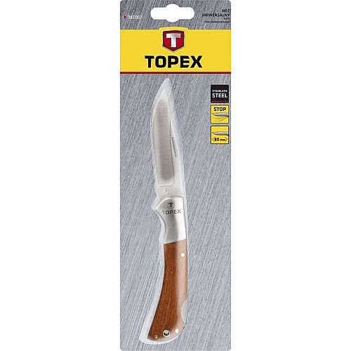 Нож складной TOPEX, 195мм, лезвие 80мм, фиксатор, держатель металлический и деревянные накладки.