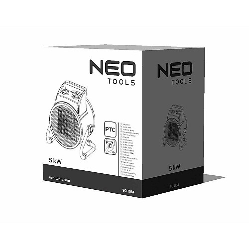 Тепловая пушка электрическая Neo Tools, 5кВт, 80м2, 588м3/ч, 380В, керамический нагрев. элемент (PTC), черный, 4.22 кг