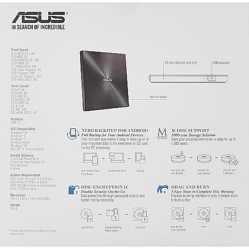 Привід оптичний портативний ASUS ZenDrive SDRW-08U7M-U DVD+-R/RW burner M-DISC USB2.0 чорний Retail Box Slim