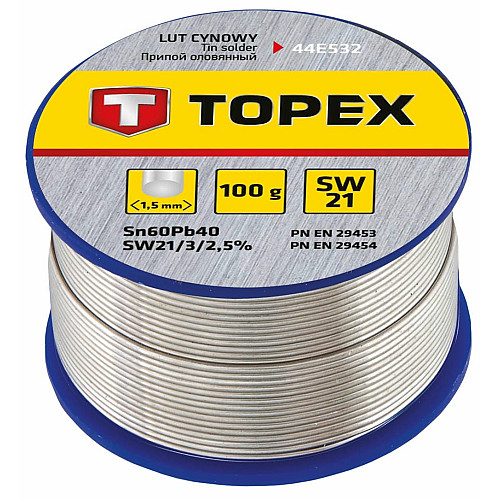 Припій олов'яний TOPEX Sn60Pb40 флюс SW21 дріт 1.5мм 100гр
