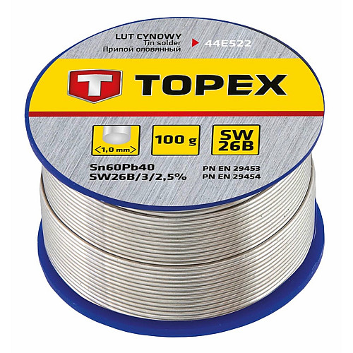 Припій олов’яний TOPEX Sn60Pb40 флюс SW26B дріт 1мм 100гр
