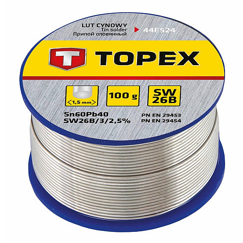 Припій олов'яний TOPEX Sn60Pb40 флюс SW26B дріт 1.5мм 100гр