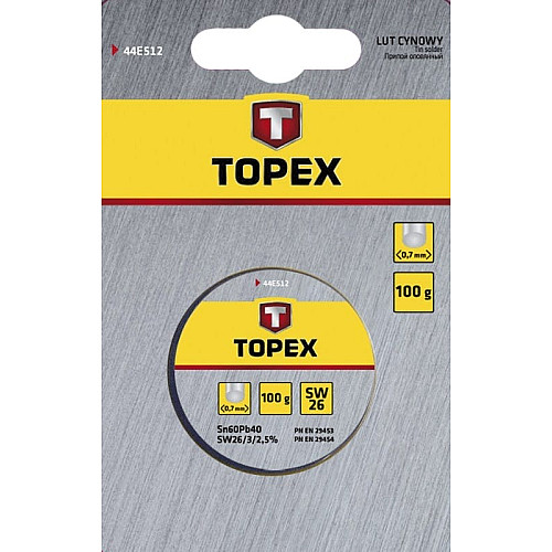 Припій олов'яний TOPEX Sn60Pb40 флюс SW26 дріт 0.7мм 100гр