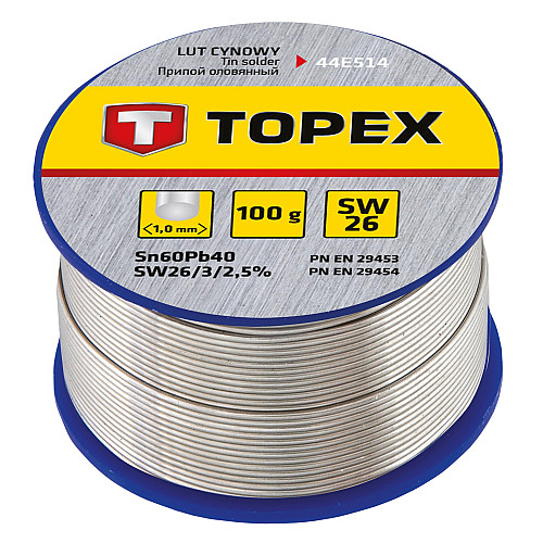 Припій олов'яний TOPEX Sn60Pb40 флюс SW26 дріт 1мм 100гр