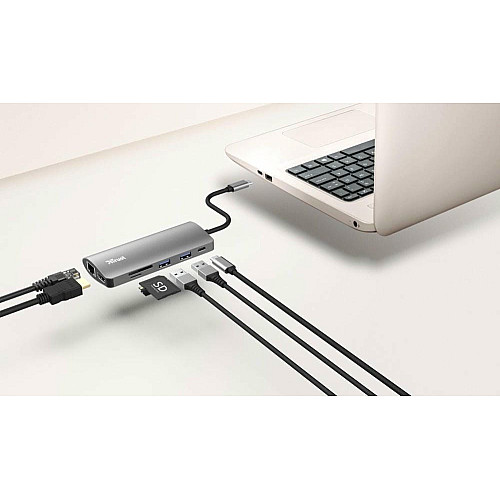 Хаб Trust Dalyx 7-IN-1 USB-С > 2xUSB-А 3.2/USB-С/HDMI/Ehernet/SD/microSD, Алюміній, 0.25м, Сірий
