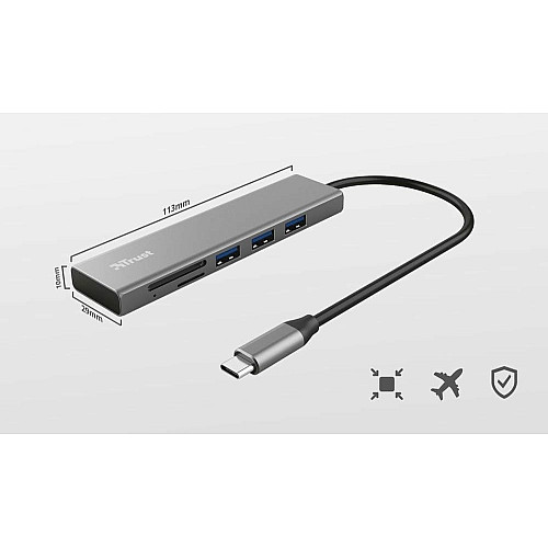 Хаб Trust Halyx USB-С > 3xUSB-А 3.2/SD/microSD, Алюміній, 0.15м, Сірий