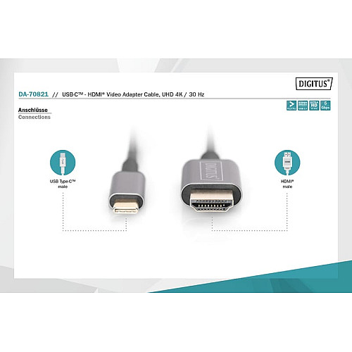 Адаптер DIGITUS USB-C - HDMA UHD 4K, M/M, 1.8м