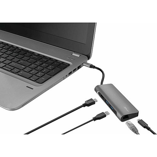 Хаб Trust Dalyx 7-IN-1 USB-С > 2xUSB-А 3.2/USB-С/HDMI/Ehernet/SD/microSD, Алюміній, 0.25м, Сірий