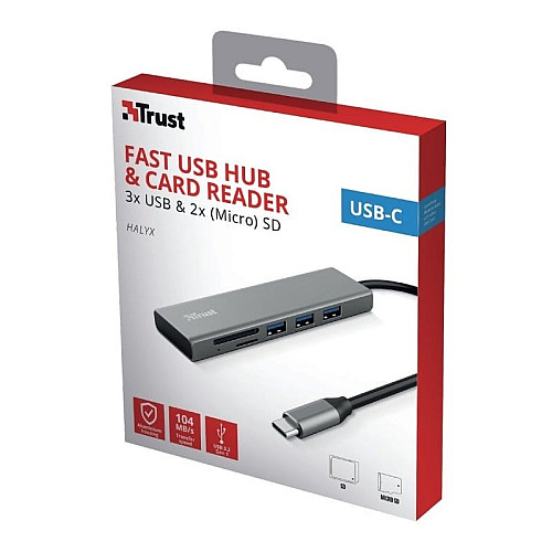 Хаб Trust Halyx USB-С > 3xUSB-А 3.2/SD/microSD, Алюміній, 0.15м, Сірий