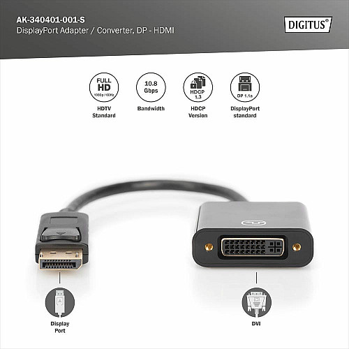 Адаптер DIGITUS DP 1.1 – DVI Full HD, M/F, 0.15м