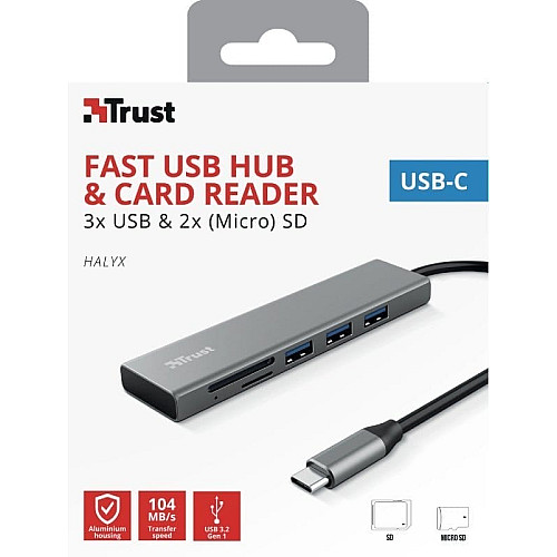 Хаб Trust Halyx USB-С > 3xUSB-А 3.2/SD/microSD, Алюміній, 0.15м, Сірий
