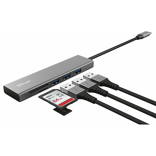 Хаб Trust Halyx USB-С > 3xUSB-А 3.2/SD/microSD, Алюміній, 0.15м, Сірий